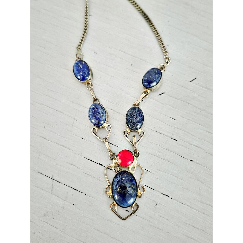 Vintage Sterling Silver Lapis Lazuli and Coral Necklace